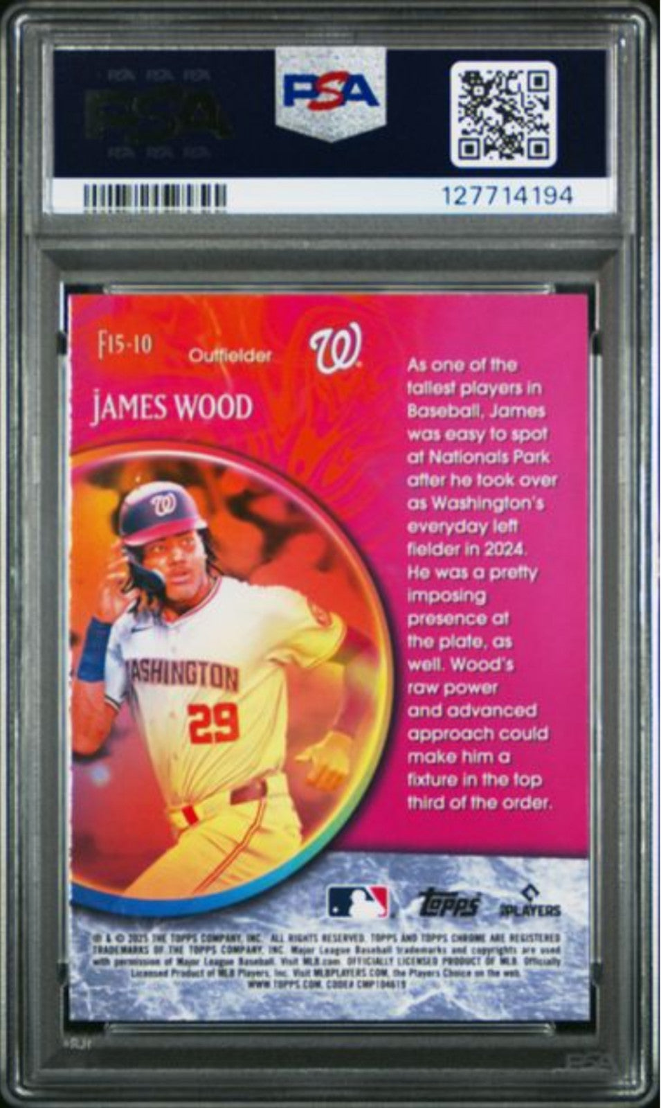 Graded 2025 Topps Chrome James Wood #F15-10 Fortune 15 Rookie RC Card PSA 10