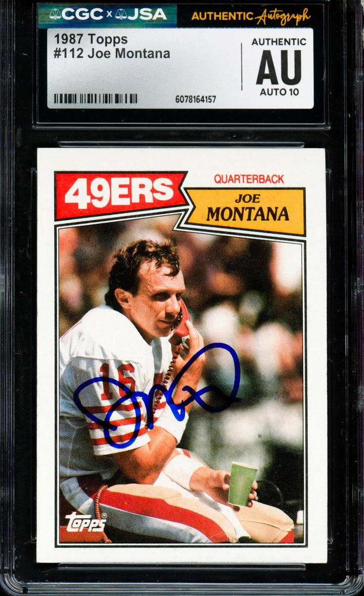 Joe Montana Signed 1987 Topps Card 112 San Francisco 49ers Auto GM 10 CGC x JSA