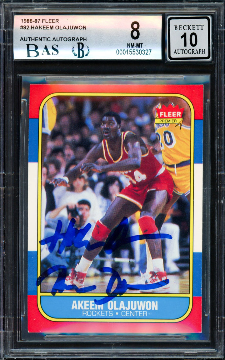 Hakeem Olajuwon Signed 1986-87 Fleer RC #82 Rockets BGS 8 Sig GM 10 Card Beckett
