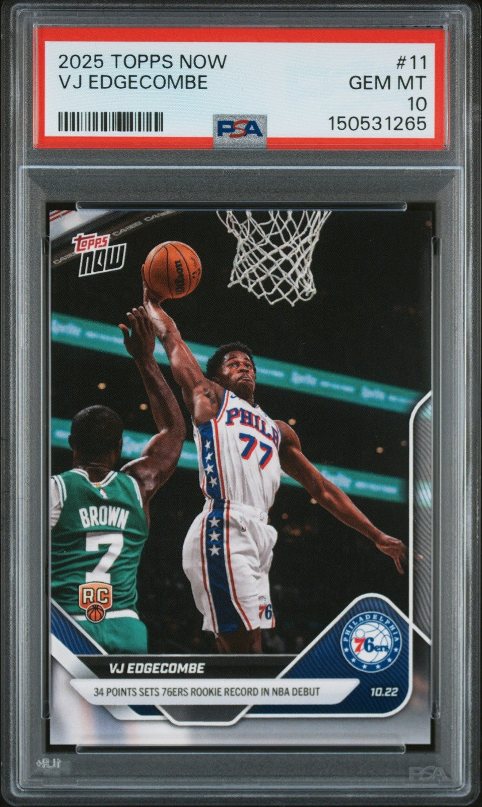 Graded 2025 Topps Now VJ Edgecombe #11 Rookie RC Card PSA 10 Gem Mint