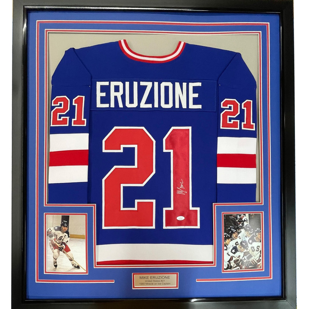 Framed Signed Mike Eruzione 35x39 Blue Miracle USA Jersey JSA COA