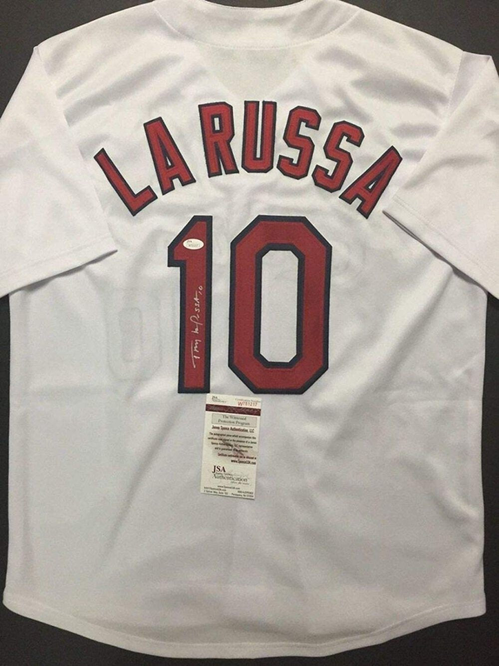 Autographed/Signed TONY LA RUSSA St. Louis White Baseball Jersey JSA COA Auto