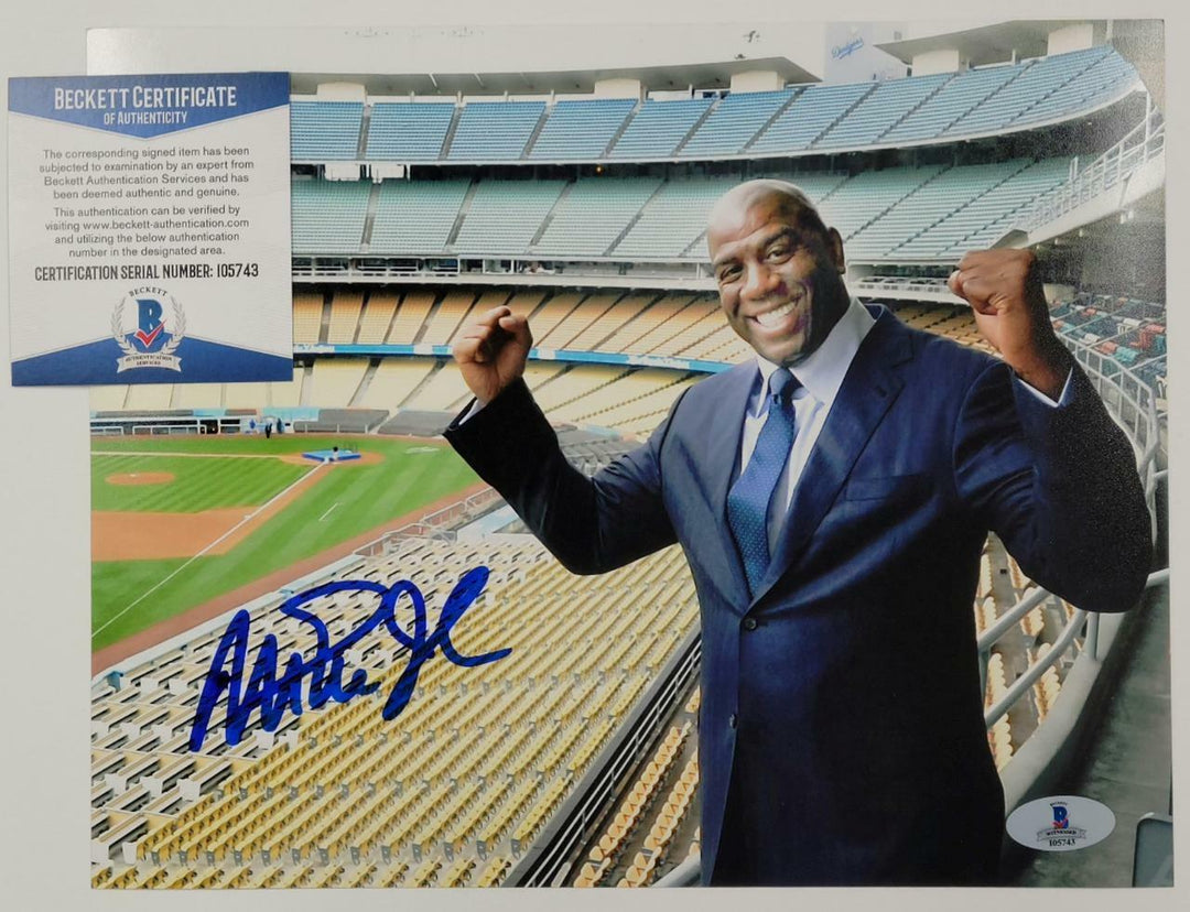 Magic Johnson signed Los Angeles Lakers 8x10 Photo Dodgers ~ Beckett Witness COA