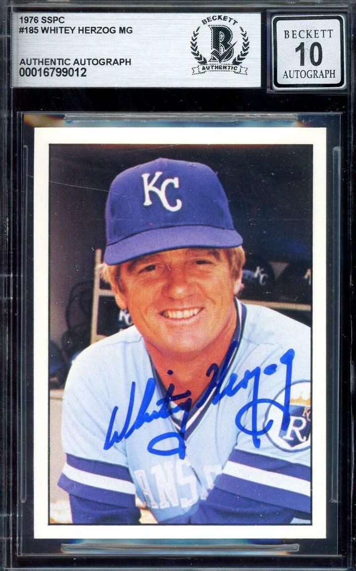 Whitey Herzog Gem Mint 10 Beckett BAS Signed 1975 SSPC Autograph