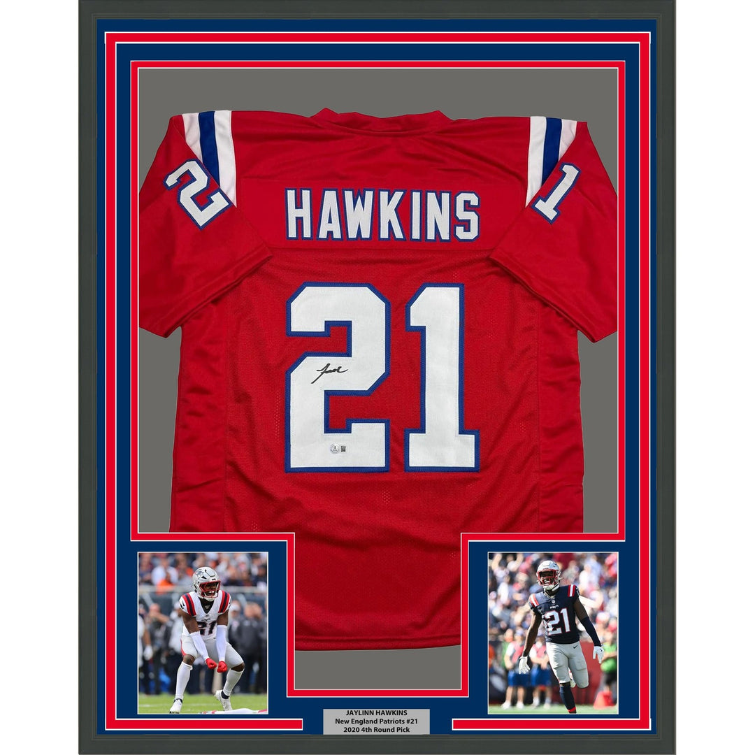 Framed Autographed/Signed Jaylinn Hawkins 35x39 New England Red Jersey COA