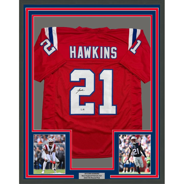 Framed Autographed/Signed Jaylinn Hawkins 35x39 New England Red Jersey COA