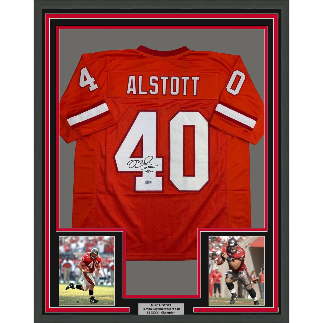 Framed Signed Mike Alstott 35x39 Tampa Bay Orange Jersey Beckett COA