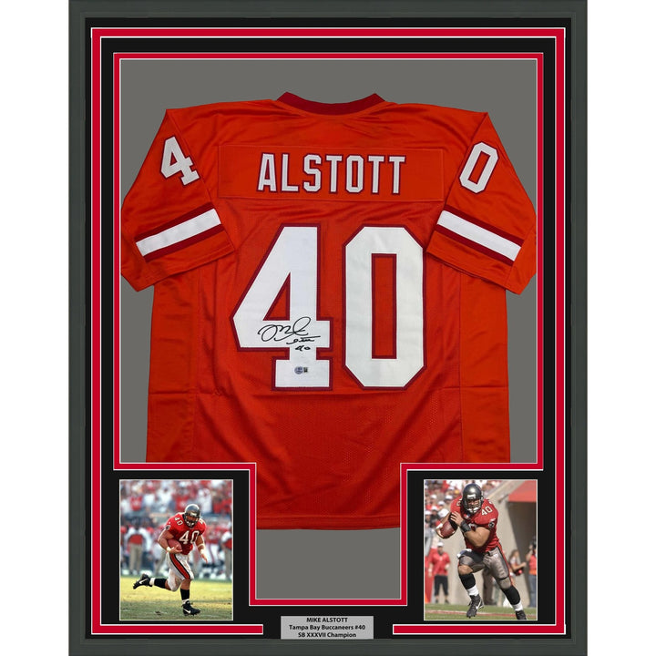 Framed Signed Mike Alstott 35x39 Tampa Bay Orange Jersey Beckett COA
