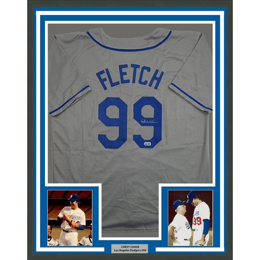 Framed Autographed/Signed Chevy Chase Fletch 35x39 LA Grey Jersey BAS COA