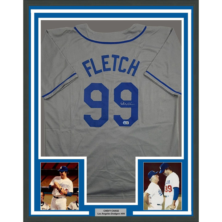Framed Autographed/Signed Chevy Chase Fletch 35x39 LA Grey Jersey BAS COA