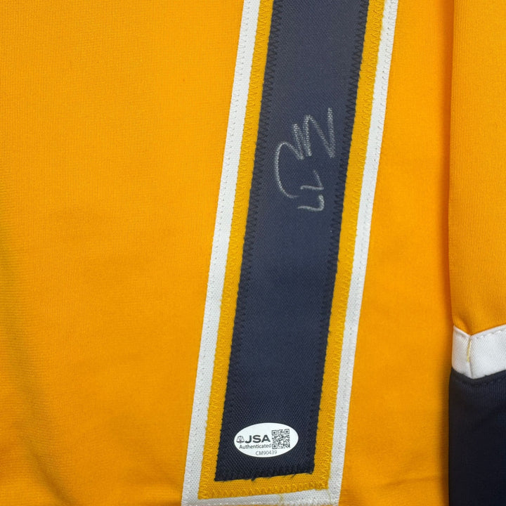 Autographed/Signed Luke Evangelista Nashville Yellow Hockey Jersey JSA COA