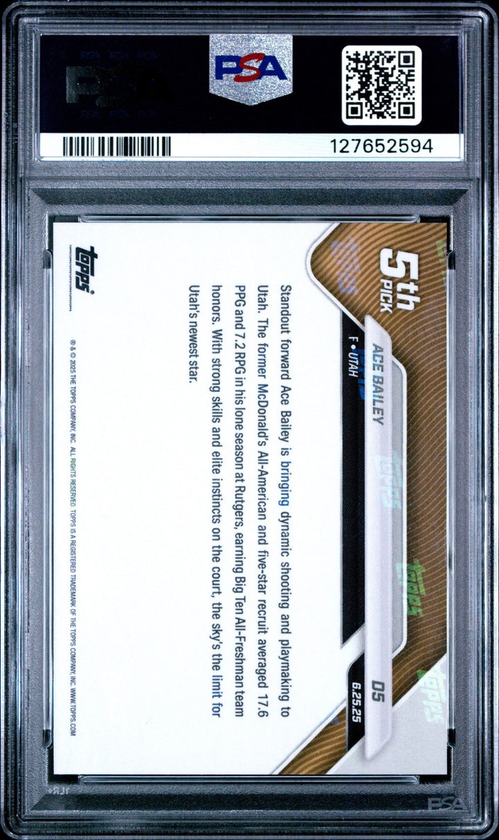 Graded 2025 Topps Now Ace Bailey #D5 Rookie RC Basketball Card PSA 10 Mint