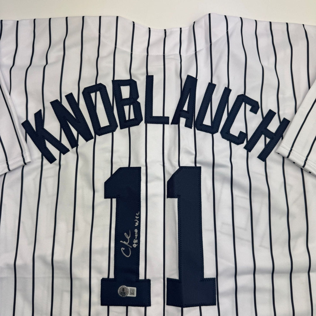 Autographed/Signed Chuck Knoblauch NY Pinstripe Baseball Jersey BAS COA