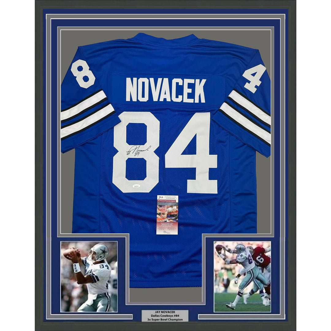 Framed Autographed/Signed Jay Novacek 35x39 Dallas Blue Jersey JSA COA