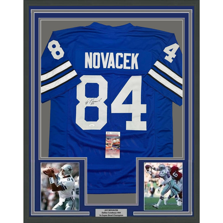 Framed Autographed/Signed Jay Novacek 35x39 Dallas Blue Jersey JSA COA