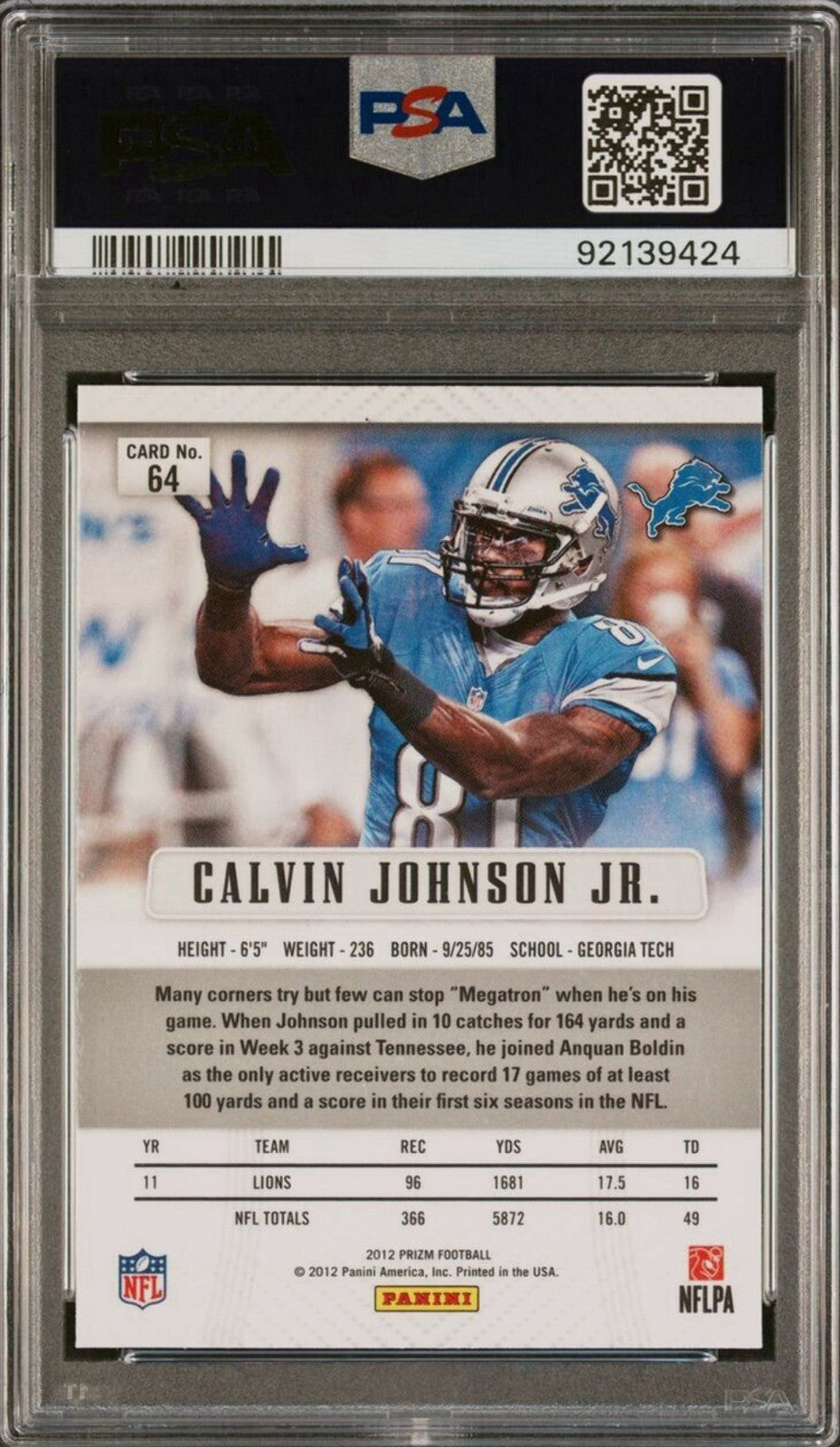 Graded 2012 Panini Prizm Calvin Johnson #64 First Prizm Football Card PSA 10 Gem