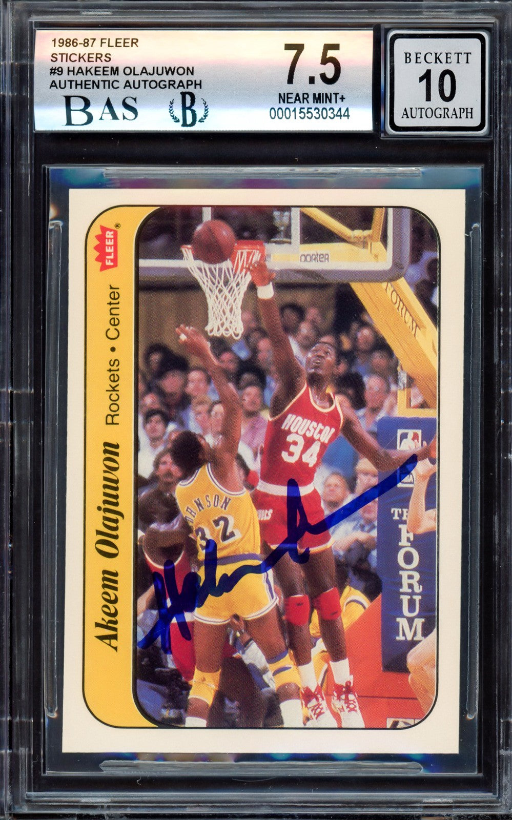 Hakeem Olajuwon Auto 1986-87 Fleer Stickers RC 9 Rockets BGS 7.5 Sig 10 Beckett
