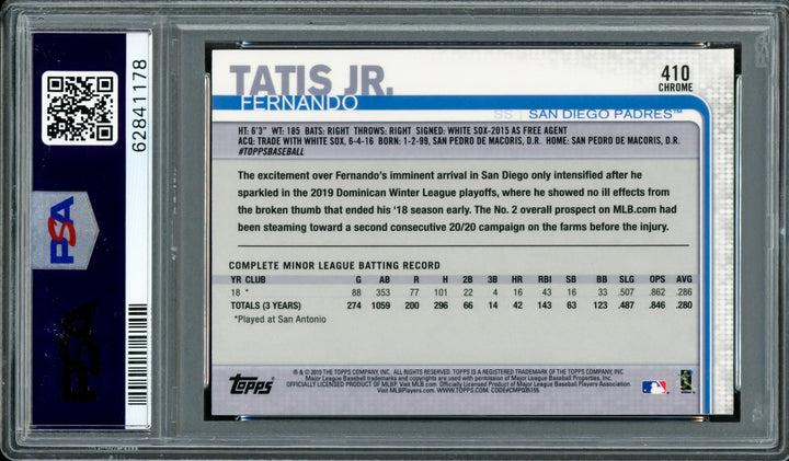 Fernando Tatis Jr Signed 2019 Topps Chrome Complete Set RC 410 PSA 9 Sig 10 DNA