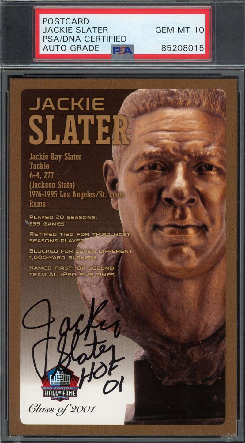 Jackie Slater Gem Mint 10 PSA DNA Signed Hall of Fame Bronze Bust Postcard /150