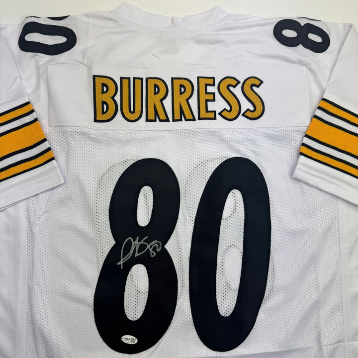 Autographed/Signed Plaxico Burress Pittsburgh White Football Jersey JSA COA