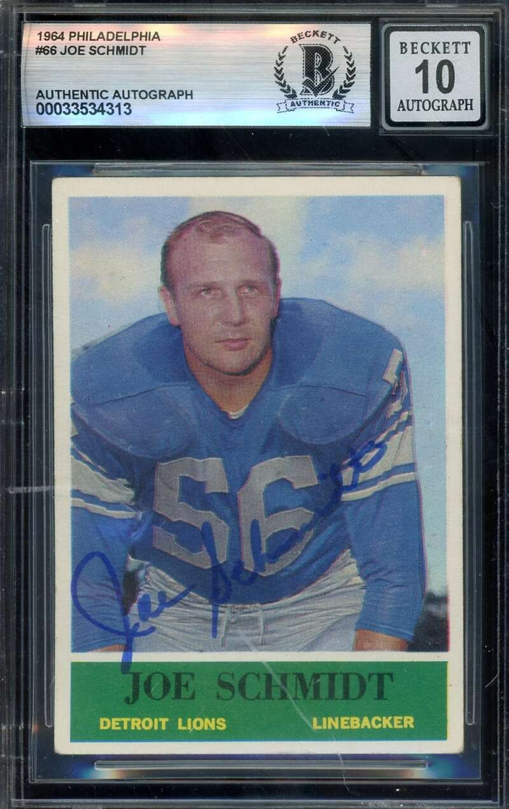 Joe Schmidt Gem Mint 10 Beckett BAS Signed 1964 Philadelphia Autograph