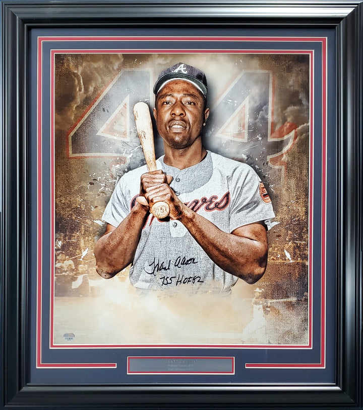 Hank Aaron Signed Framed 20x24 Photo Atlanta Braves "755 HOF 82" Fanatics