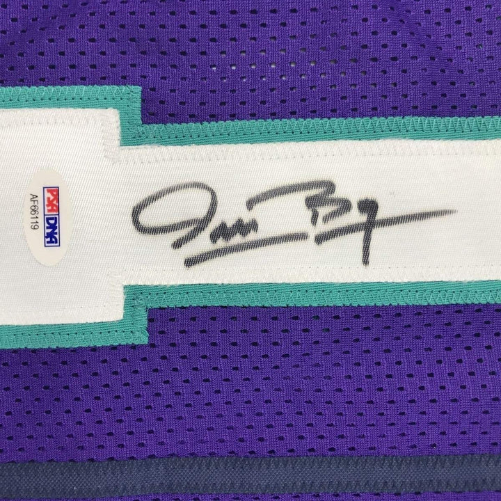 FRAMED Signed MUGGSY BOGUES 35x39 Charlotte Purple Jersey PSA COA