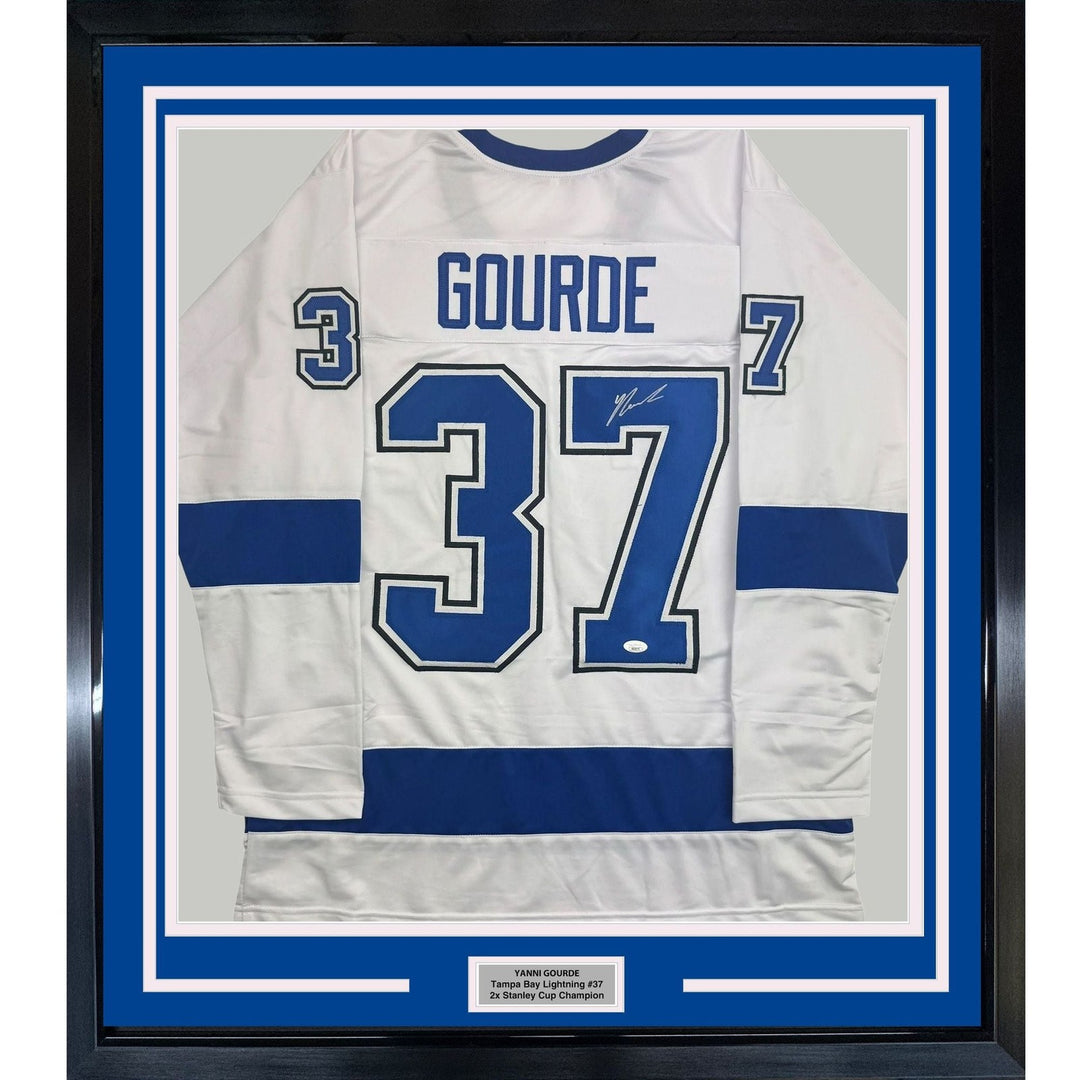 Framed Autographed/Signed Yanni Gourde 35x39 Tampa Bay White Jersey JSA COA