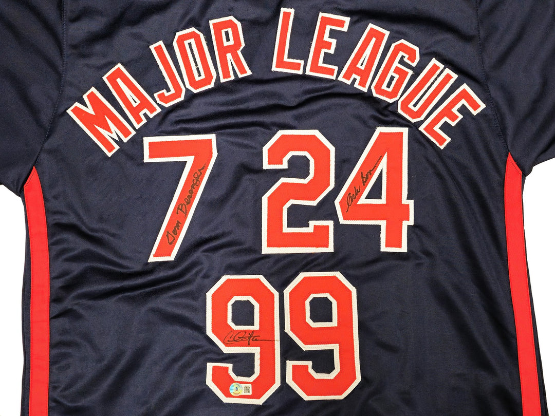 Major League Charlie Sheen Corbin Bernsen Tom Berenger Auto Navy Jersey Beckett