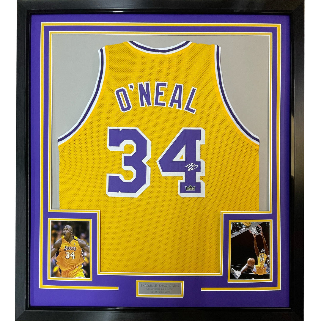 Framed Facsimile Autographed Shaquille O'Neal 33x42 Yellow Reprint Laser Jersey