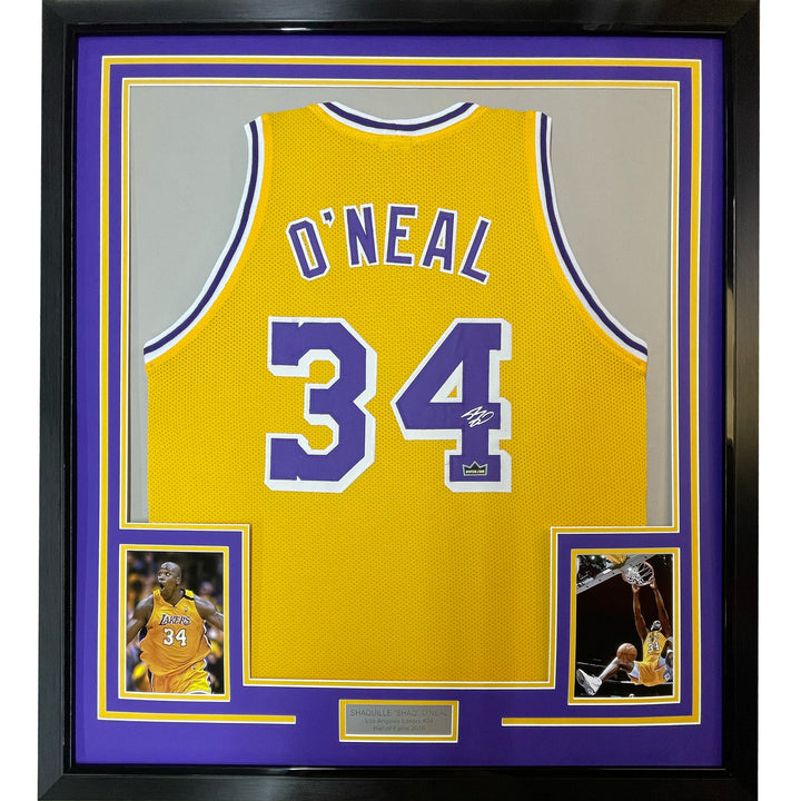 Framed Facsimile Autographed Shaquille O'Neal 33x42 Yellow Reprint Laser Jersey