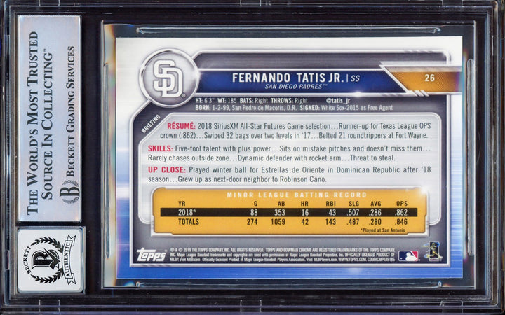 Fernando Tatis Jr. Auto 2019 Bowman Chrome RC 26 Padres BGS 9 Auto GM 10 Beckett