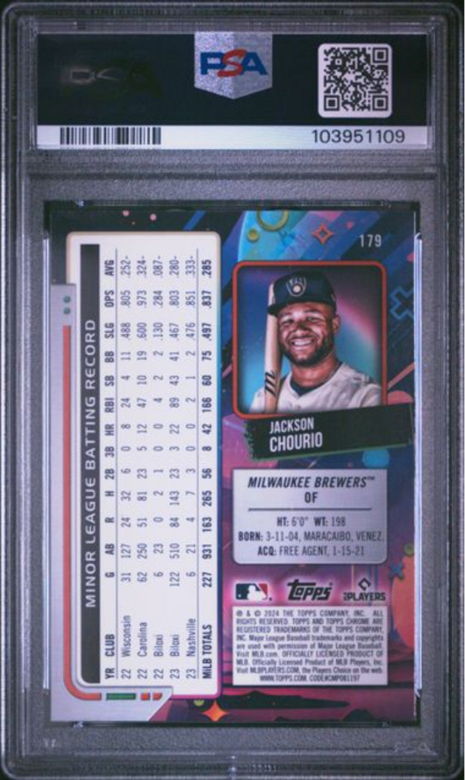Graded 2024 Topps Cosmic Chrome Jackson Chourio #179 Rookie Baseball Card PSA 10