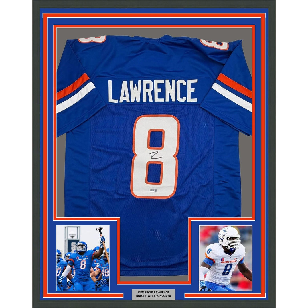 Framed Autographed/Signed DeMarcus Lawrence 35x39 Boise Blue Jersey BAS COA