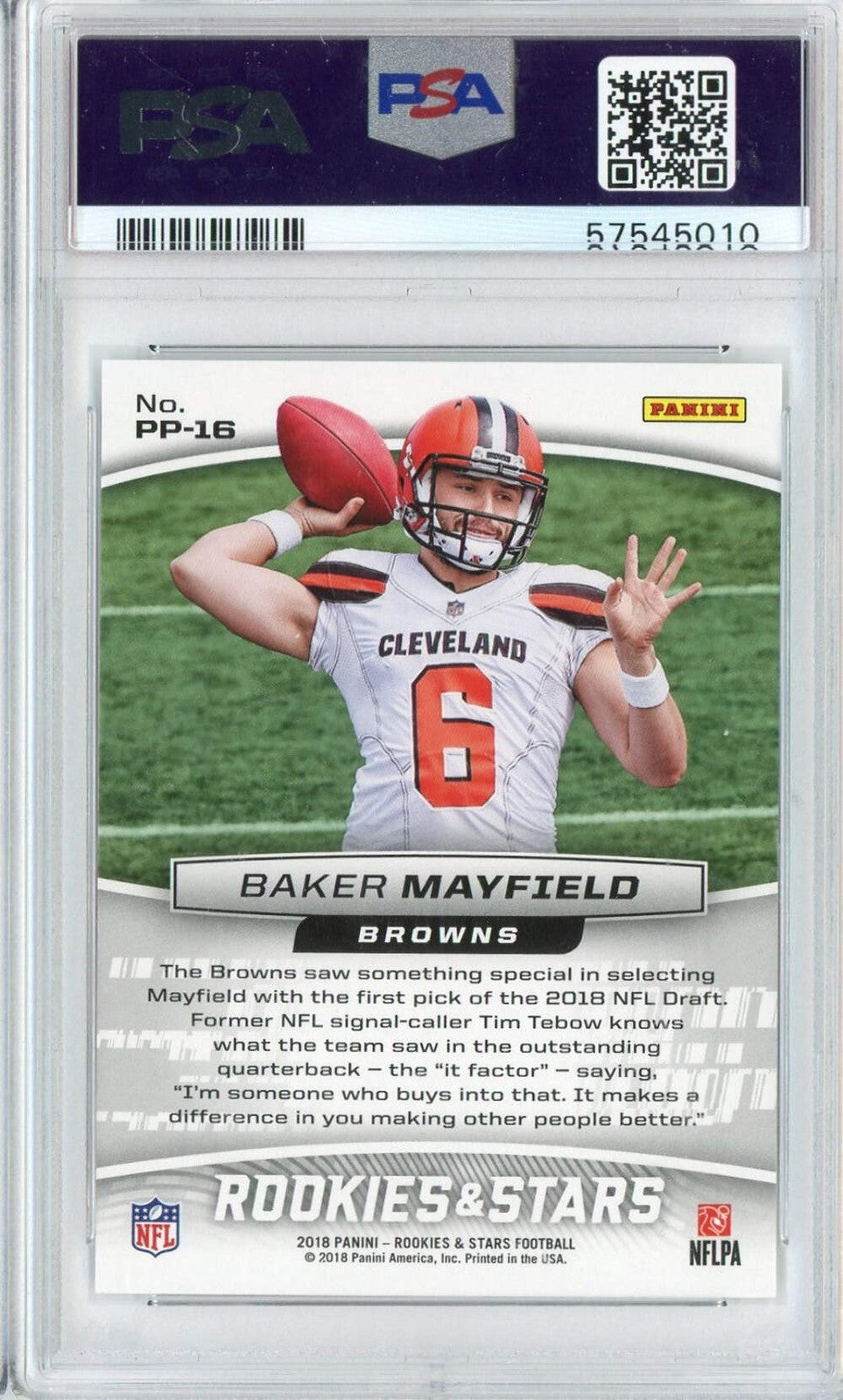 Graded 2018 Panini Rookies & Stars Baker Mayfield #PP16 Rookie RC Card PSA 10