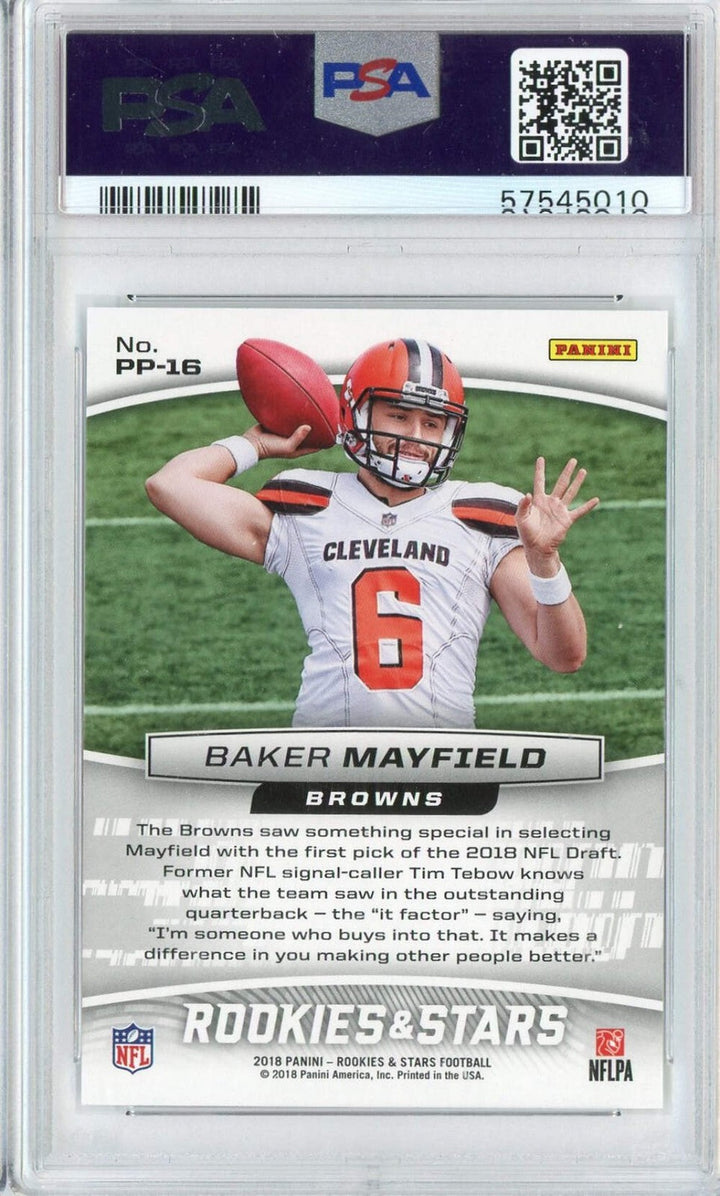 Graded 2018 Panini Rookies & Stars Baker Mayfield #PP16 Rookie RC Card PSA 10