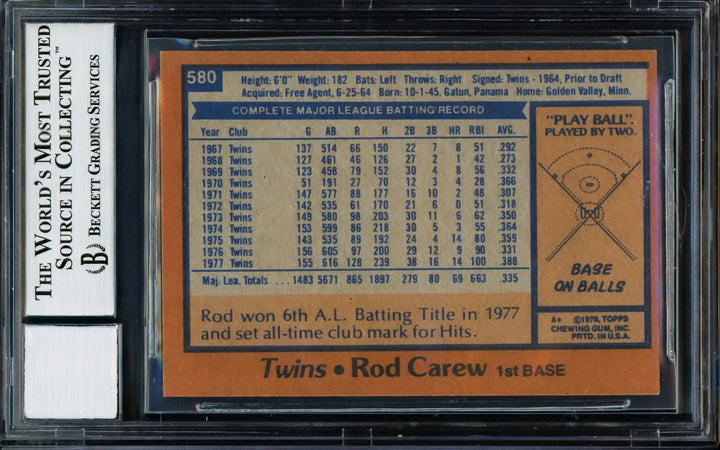 Rod Carew Signed 1978 Topps Card 580 Minnesota Twins Auto GM 10 Beckett