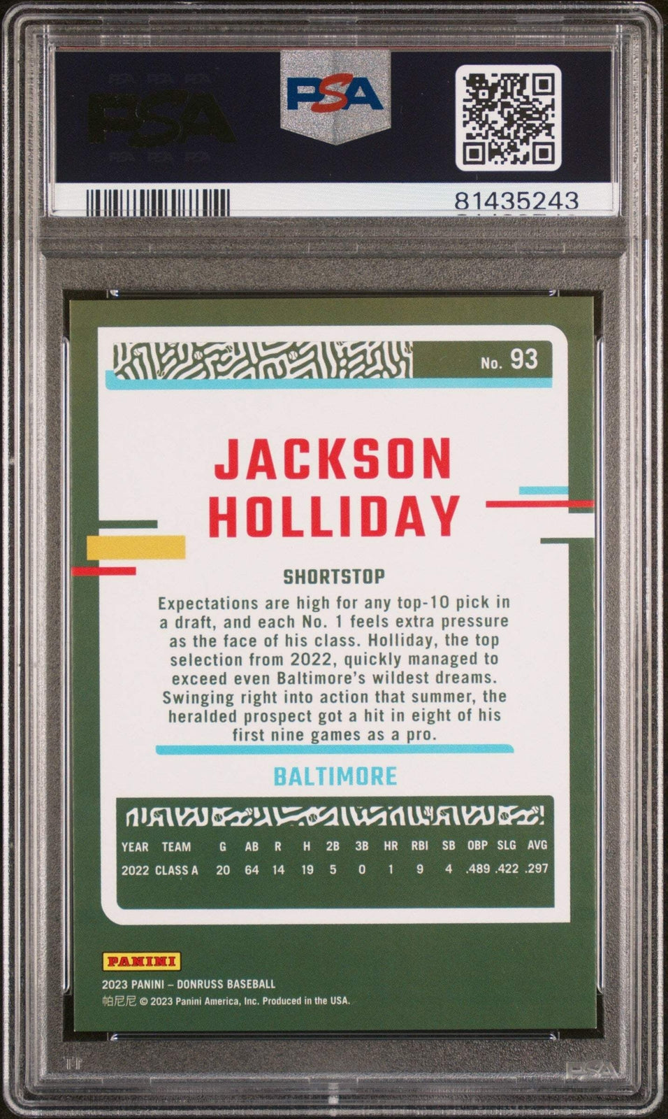 Graded 2023 Donruss Jackson Holliday #93 Career Stat Line Baseball Card PSA 10