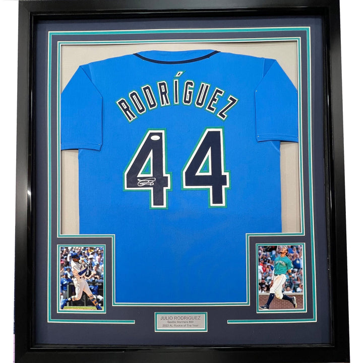 Framed Autographed/Signed Julio Rodriguez 35x39 Light Blue Jersey JSA COA
