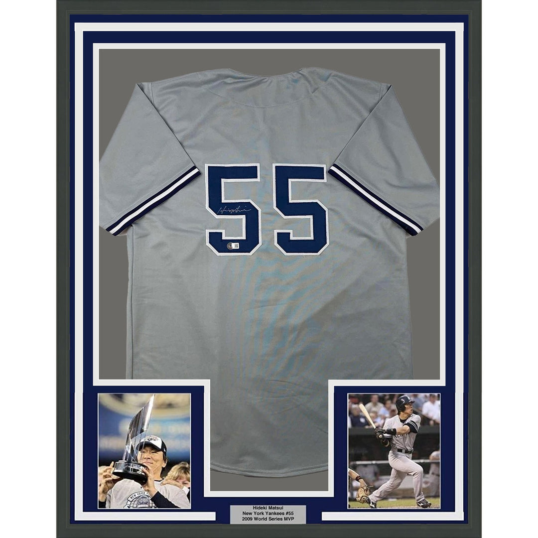 Framed Autographed/Signed Hideki Matsui 35x39 New York Grey Jersey BAS COA