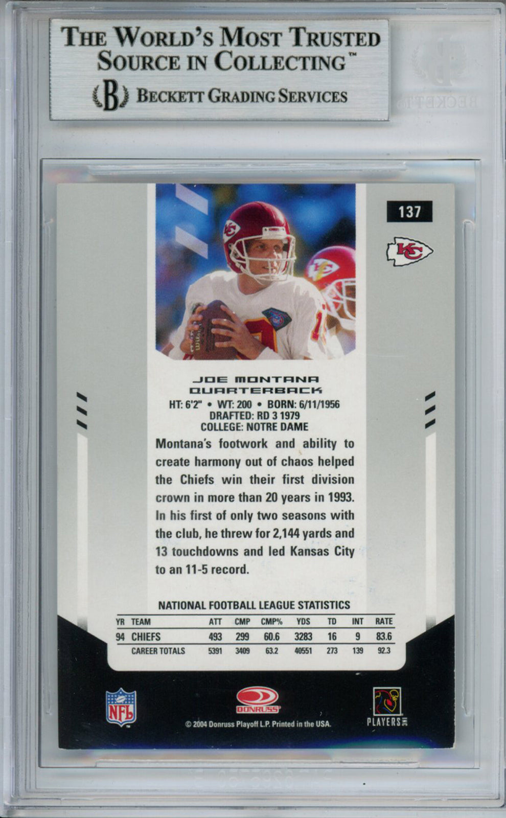 Joe Montana Signed 2004 Leaf Certified #137 Trading Card Beckett Slab 37490