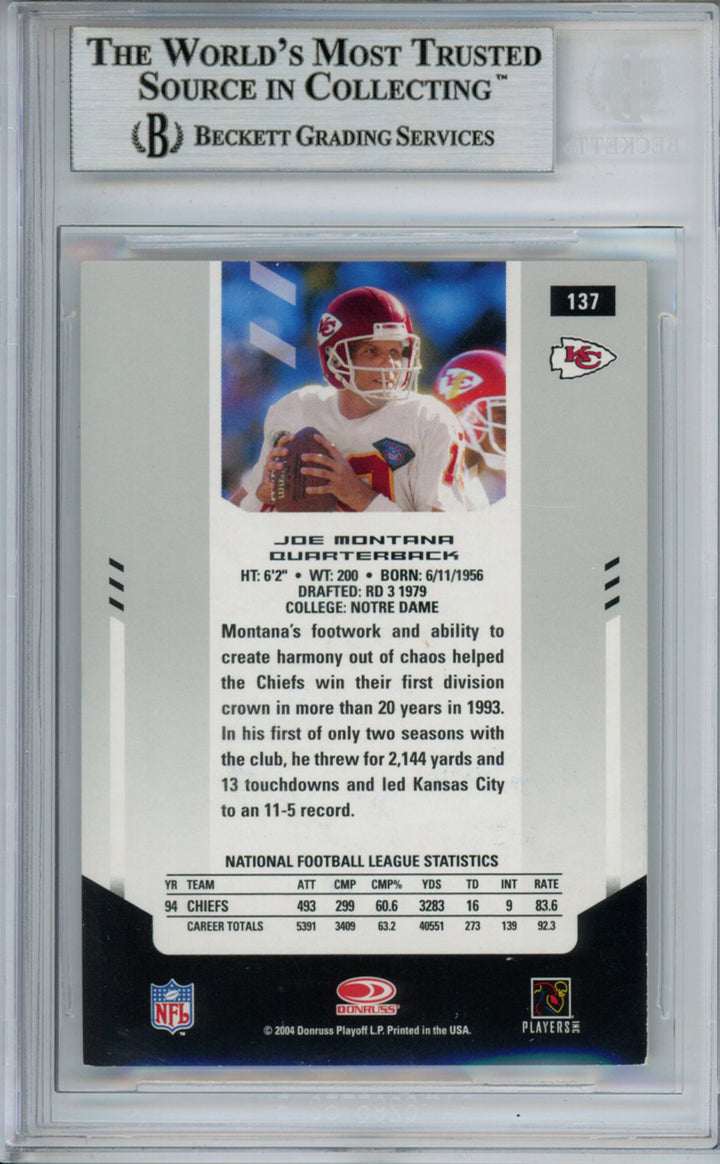 Joe Montana Signed 2004 Leaf Certified #137 Trading Card Beckett Slab 37490