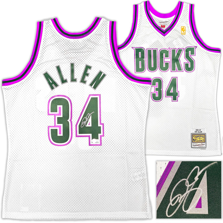Bucks Ray Allen Auto White Auth Mitchell Ness 96-97 Swingman Jersey L BAS
