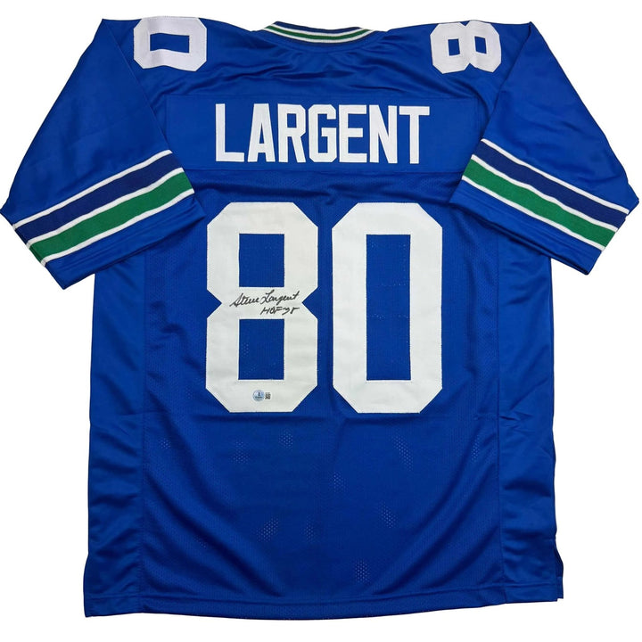 Autographed/Signed STEVE LARGENT HOF 95 Seattle Blue Jersey JSA COA