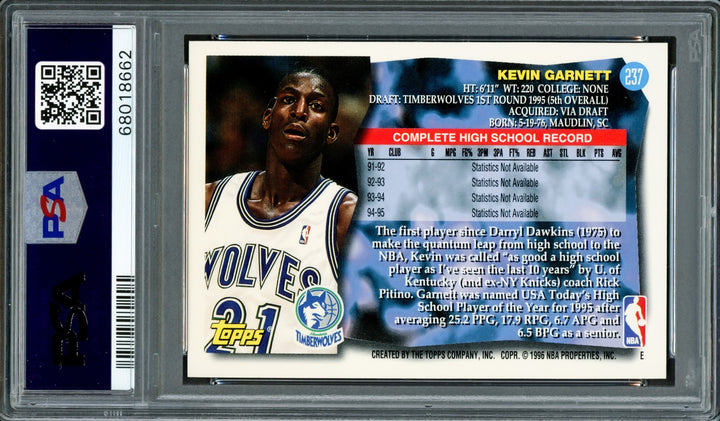 Kevin Garnett Signed 1995 Topps RC 237 Timberwolves PSA 9 Auto GM 10 PSA/DNA