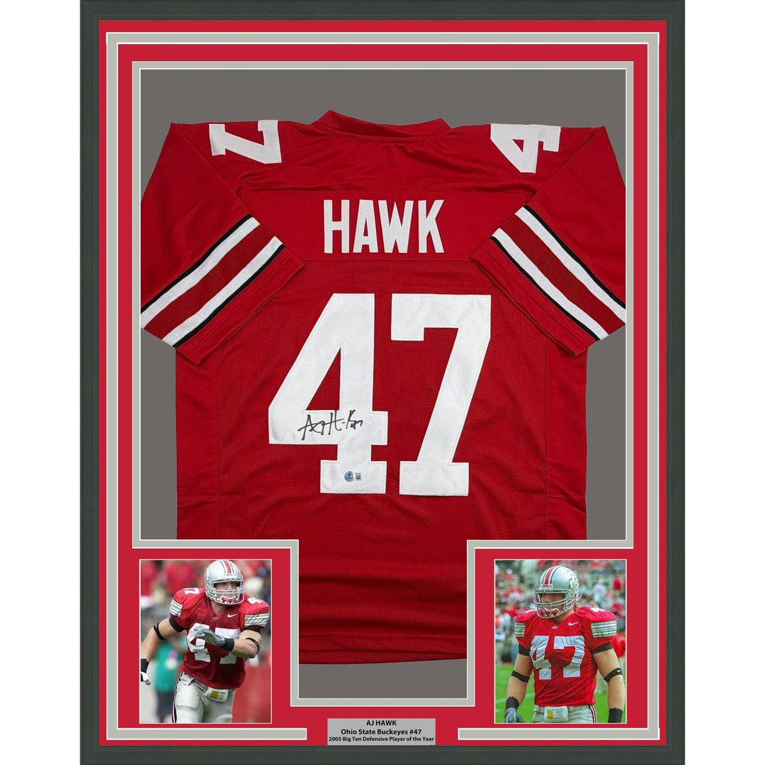 Framed Autographed/Signed AJ Hawk 35x39 Ohio State Red Jersey Beckett COA