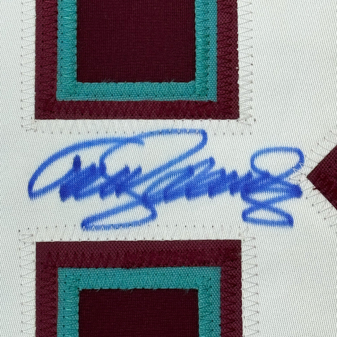 Framed Autographed/Signed Teemu Selanne 35x39 Anaheim Maroon Jersey JSA COA