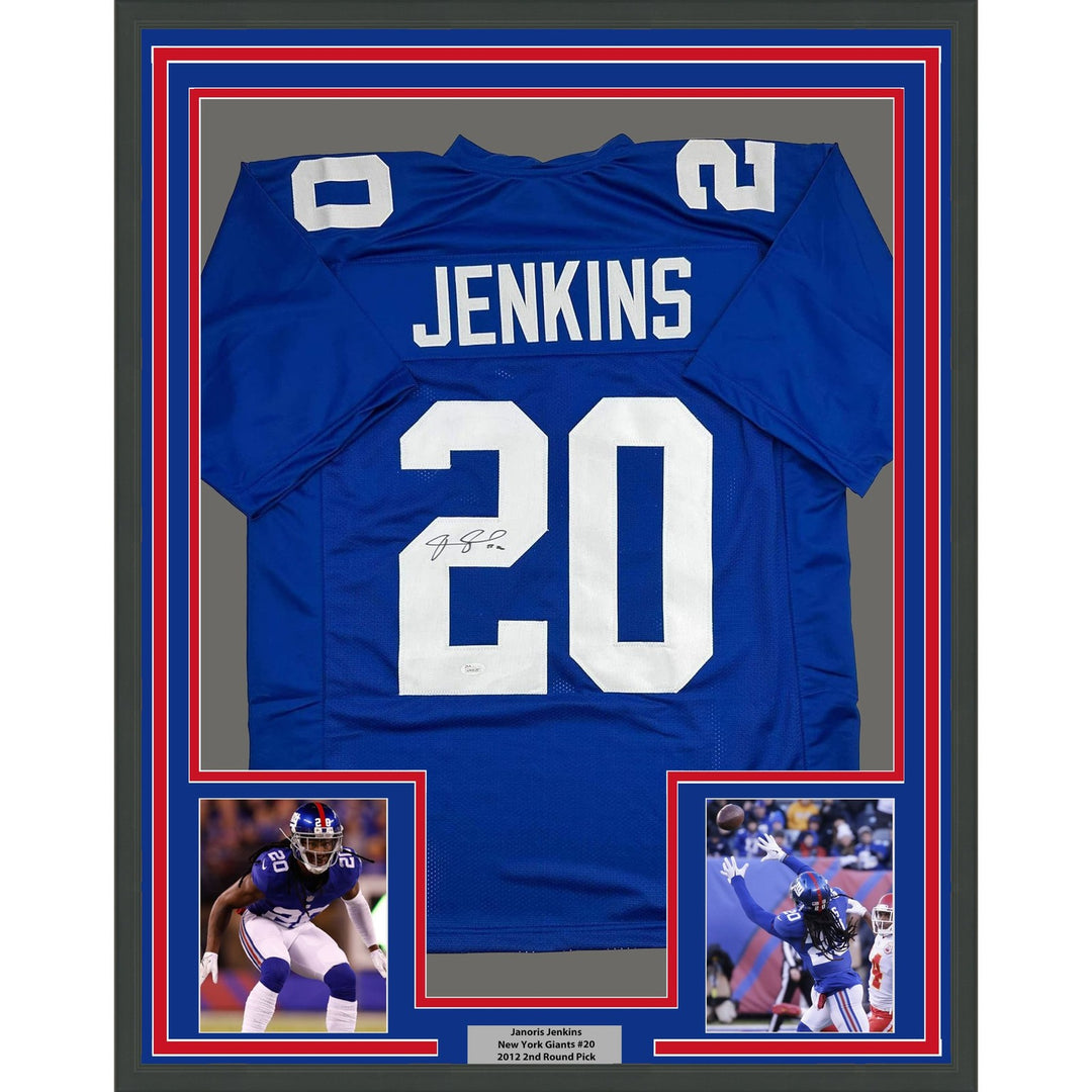 Framed Signed Janoris Jenkins Jackrabbit 35x39 NY Jersey JSA COA