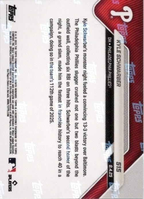 2025 Topps Now Kyle Schwarber #515 Gold Foil /50 Philadelphia Phillies Card