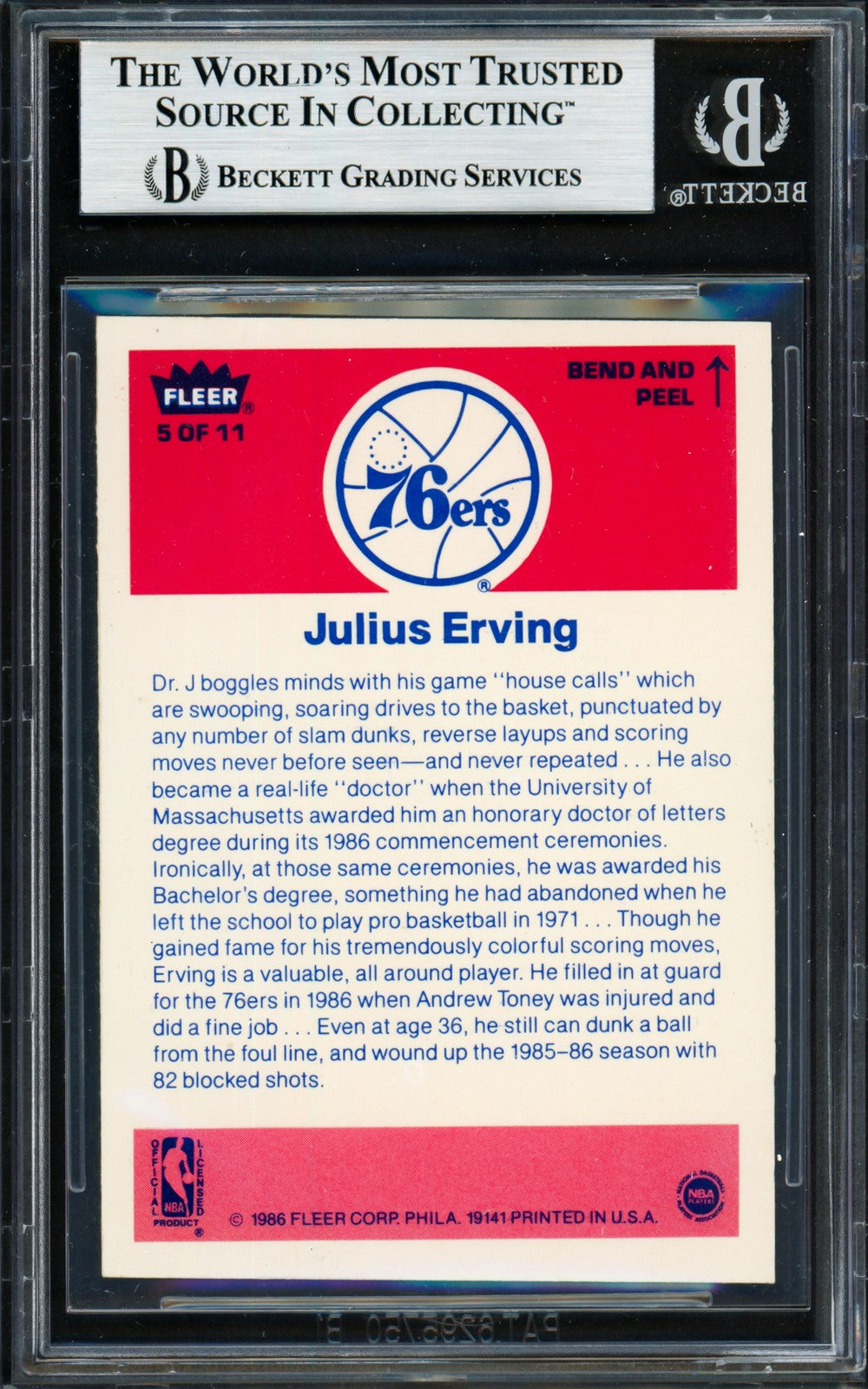 Julius Dr. J Erving Signed 1986-87 Fleer Sticker Card 5 76ers Beckett
